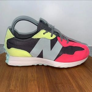 New Balance 327 Neon Green, Hot Pink and Dark Grey. Kids size 6, Women’s size 8